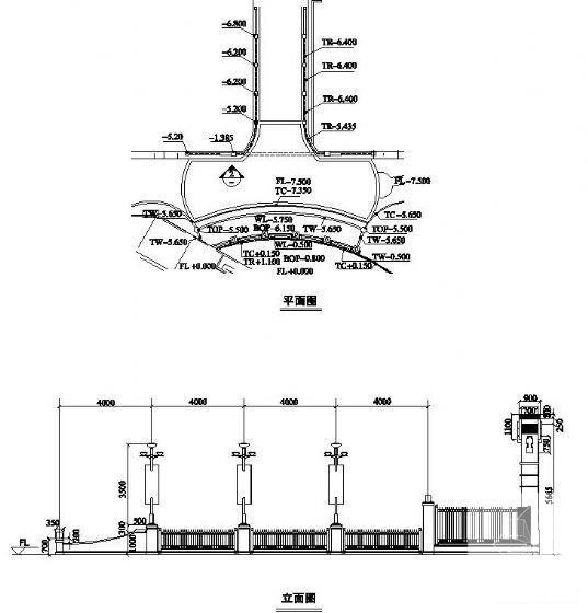 小区大门大样设计图纸平面图及立面图 - 1