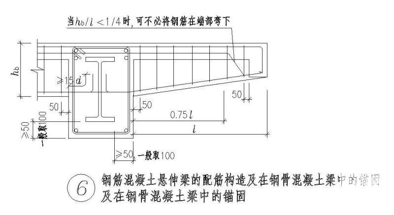 钢筋混凝土悬伸梁的配筋构造及在钢骨混凝土梁中的锚固节点构造详图纸 - 1