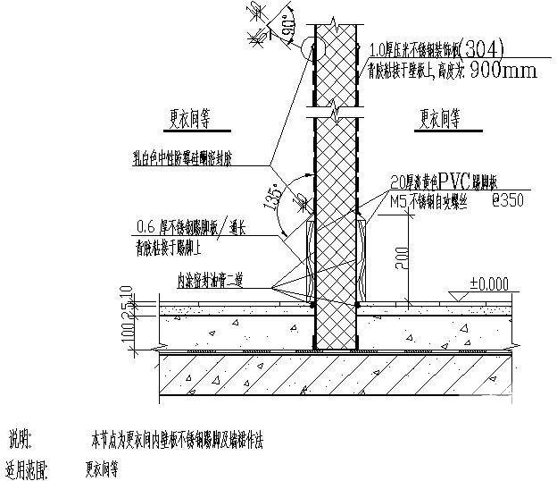 更衣间内壁板不锈钢踢脚及墙裙作法节点构造详图纸 - 1