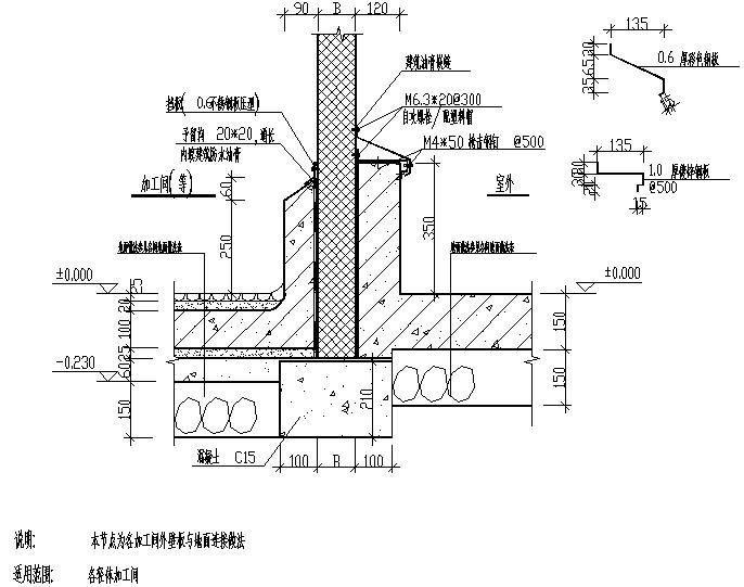 加工间外壁板与地面连接做法节点构造详图纸 - 1