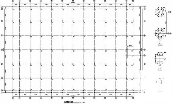 跨度57.1m3层钢结构厂房结构设计CAD图纸（独立基础）(平面布置图) - 1