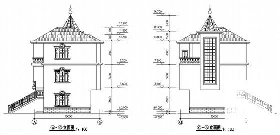 上3层欧式别墅方案设计CAD图纸（高12.9米）(建筑) - 2