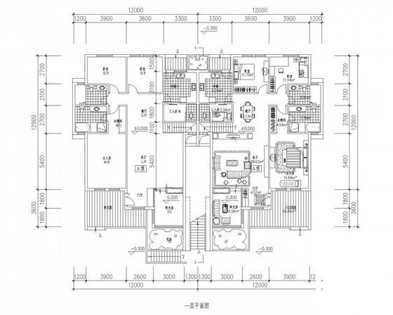 叠拼别墅首层户型CAD图纸 - 1