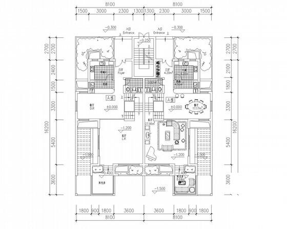 5层叠拼别墅户型建筑CAD图纸（板式、192、166平方米） - 1