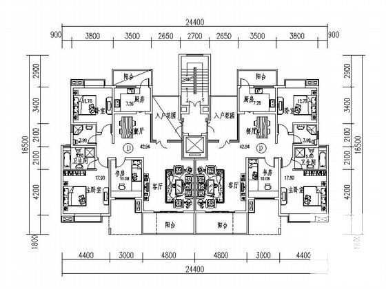 高级公馆一梯二住宅户型图纸（带入户花园） - 1
