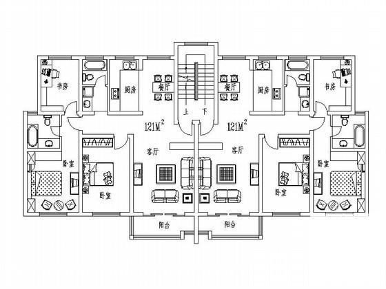 6层住宅楼一梯两户户型建筑CAD图纸（121平方米） - 1