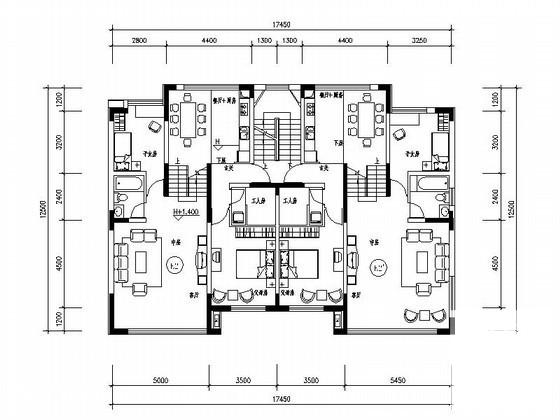 多层住宅楼复式户型建筑CAD图纸（板式、中等户型） - 1