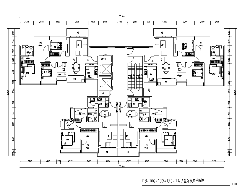 深圳1梯4户住宅户型图设计 (5)