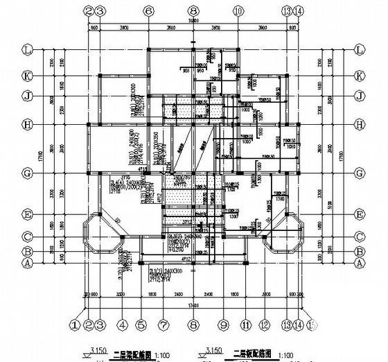 2层砖混结构别墅结构CAD施工图纸（双拼别墅条形基础）(平面布置图) - 1