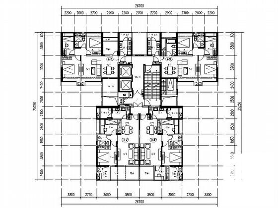 中等户型一核四户高层住宅楼户型平面图纸(cad) - 1