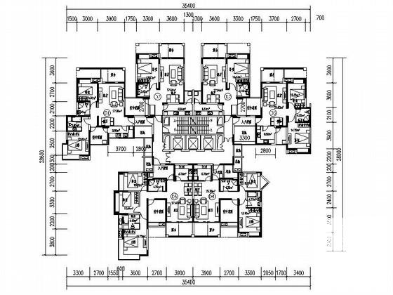 高层住宅楼一梯六户标准层建筑CAD图纸（、中等户型） - 1
