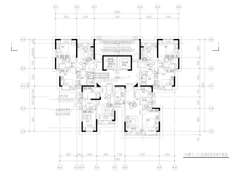1#楼3-23层通风及负荷平面图