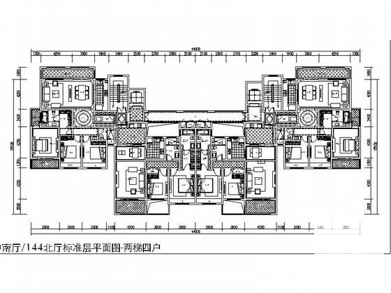 高层住宅楼小区蝶形两梯四户平面CAD图纸（118143平米） - 1