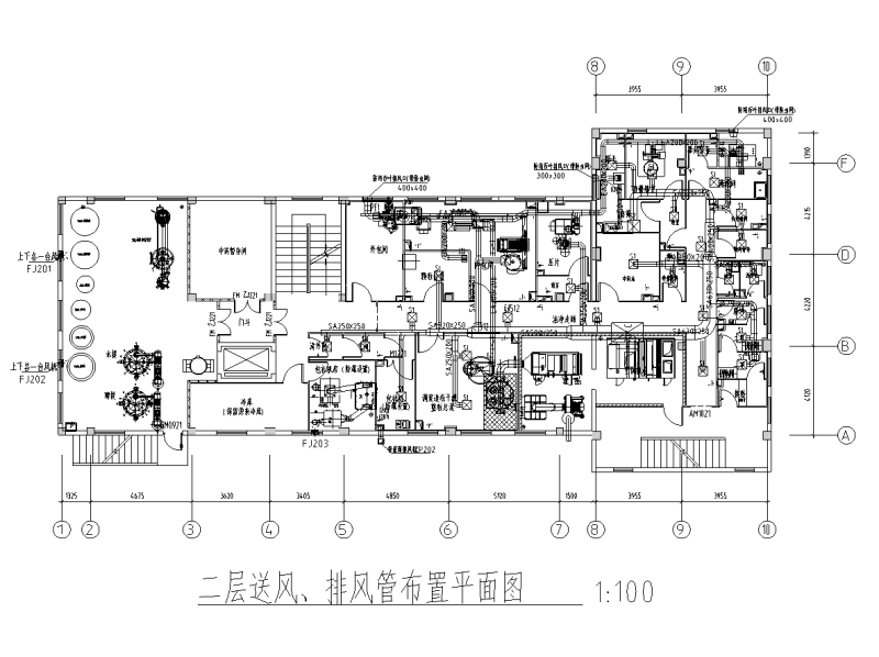 二层送风、排风管布置平面图