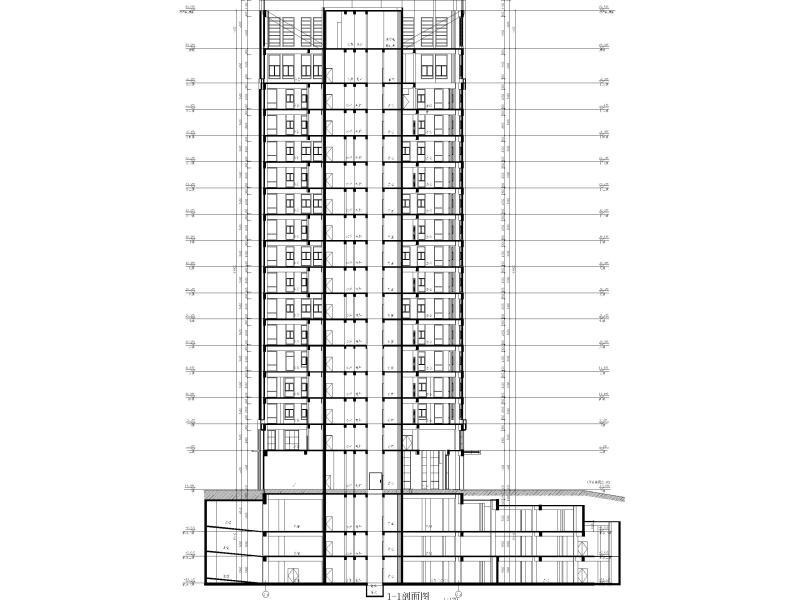 莲湖大厦16层框筒结构办公楼建筑施工图 剖面图