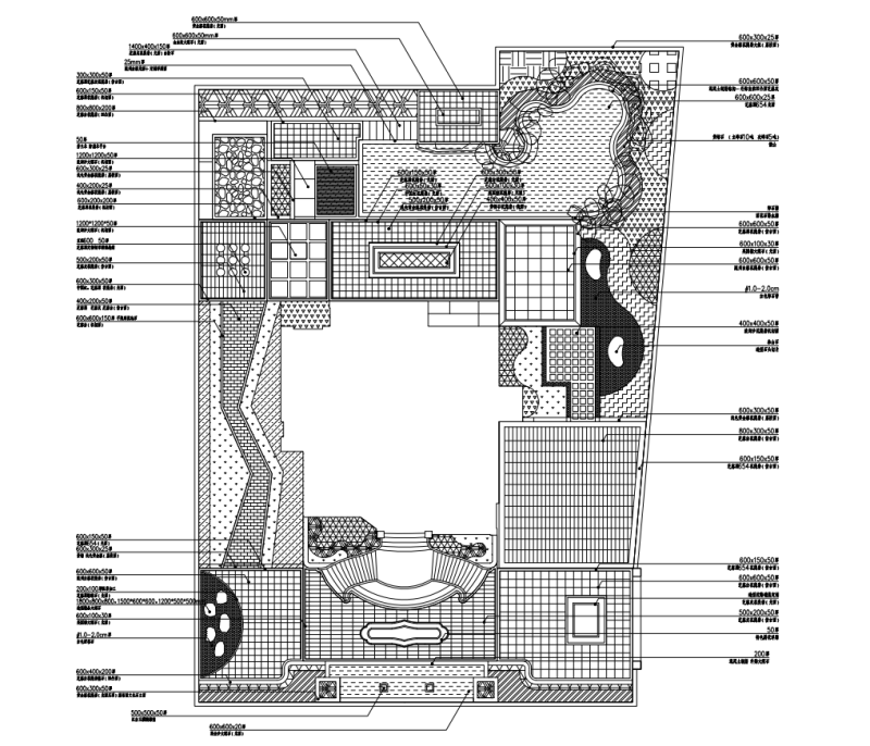新中式风格别墅花园景观施工图设计 物料标注平面图