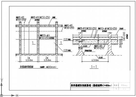 条形基础改筏板基础（基础墙厚h≥490mm）节点构造详图纸 - 1