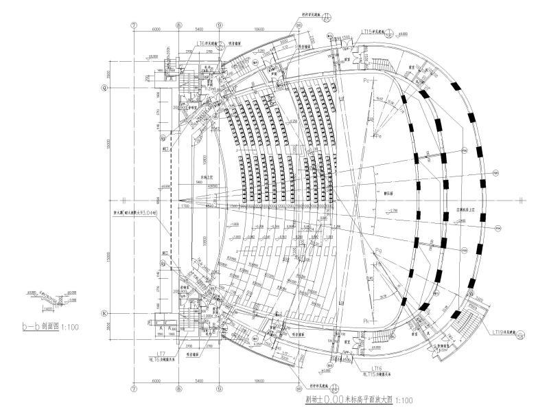 吉林大型四层框架剪力墙结构剧院建筑施工图 剧场±0.00米标高平面放大图