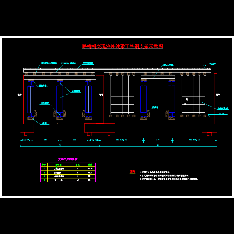 路桥相交现浇连续梁工字钢支架示意CAD图纸 - 1