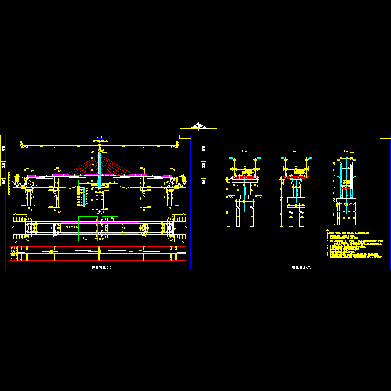 104m预应力钢筋混凝土组合体系斜拉桥桥型布置节点CAD详图纸设计 - 1