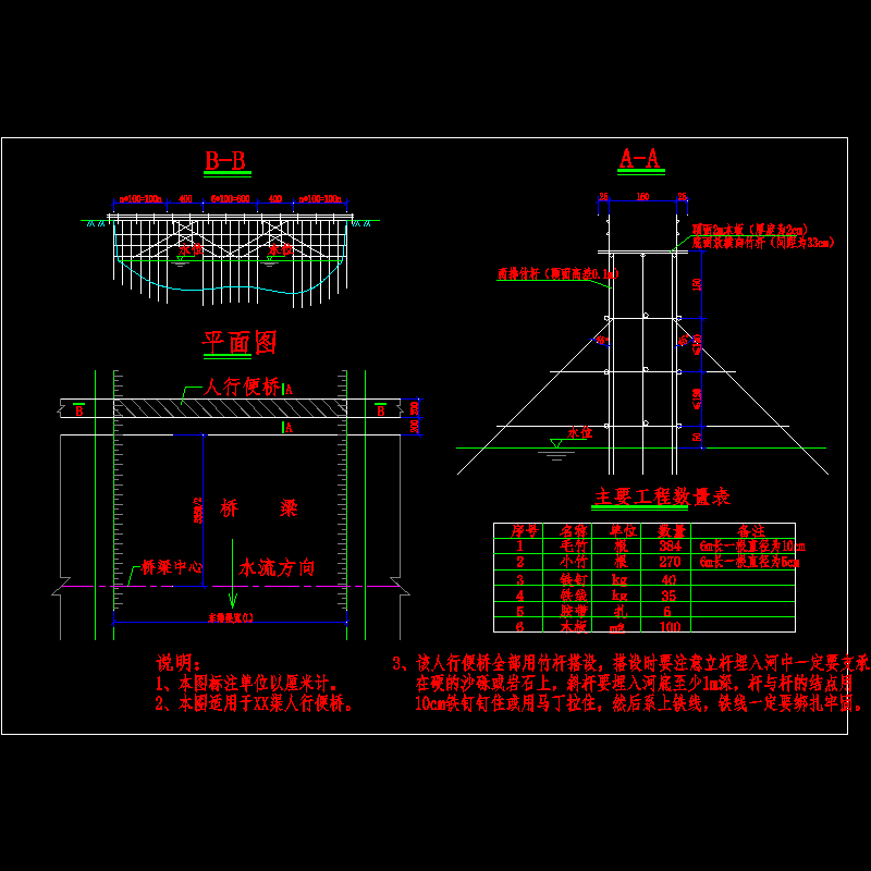 临时人行便桥设计CAD图纸（竹竿搭设） - 1