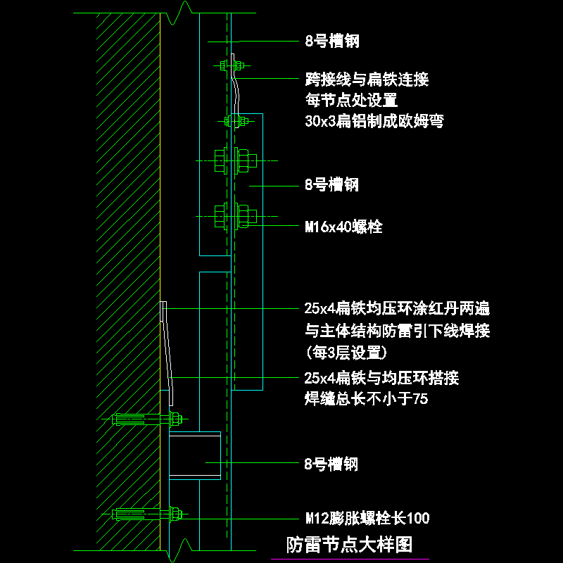 吊挂式玻璃幕墙节点构造CAD详图纸（十二）（防雷节点大样图纸） - 1