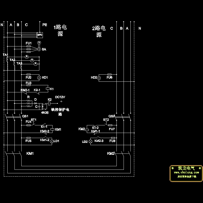 双路供电自动转换手动复位控制CAD图纸 - 1