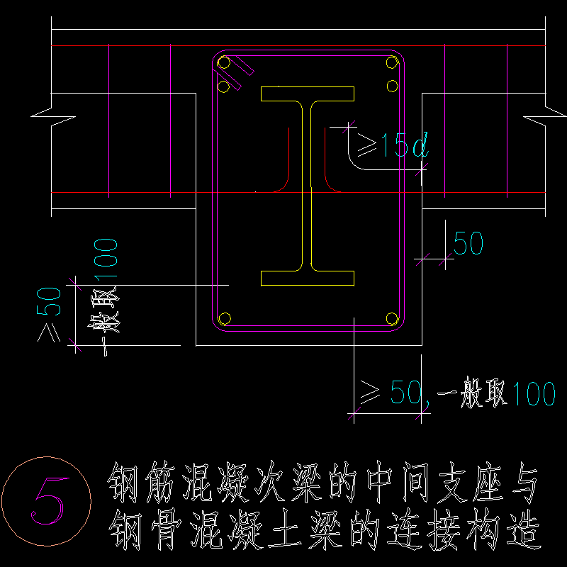 钢筋混凝次梁的中间支座与钢骨混凝土梁的连接节点构造CAD详图纸 - 1