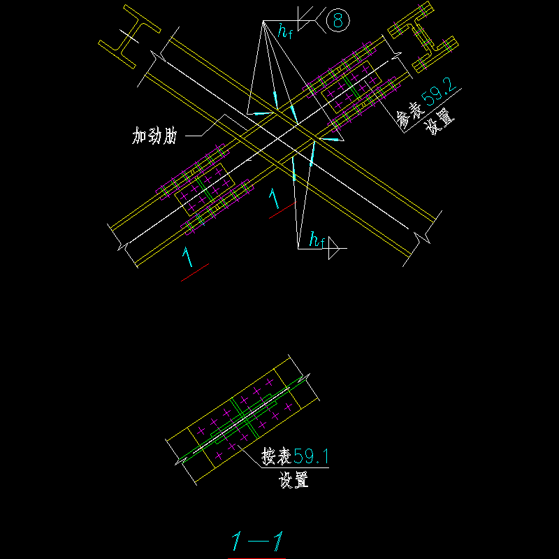支撑斜杆为H型钢与相同截面伸臂杆的连接节点构造CAD详图纸 - 1