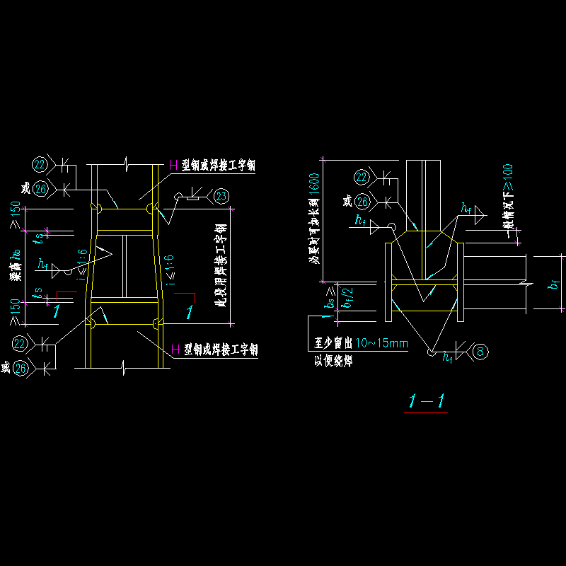 变截面工字形中柱的工厂拼接及当框架梁与柱刚性连接时柱中设置水平加劲肋的节点构造CAD详图纸（一） - 1