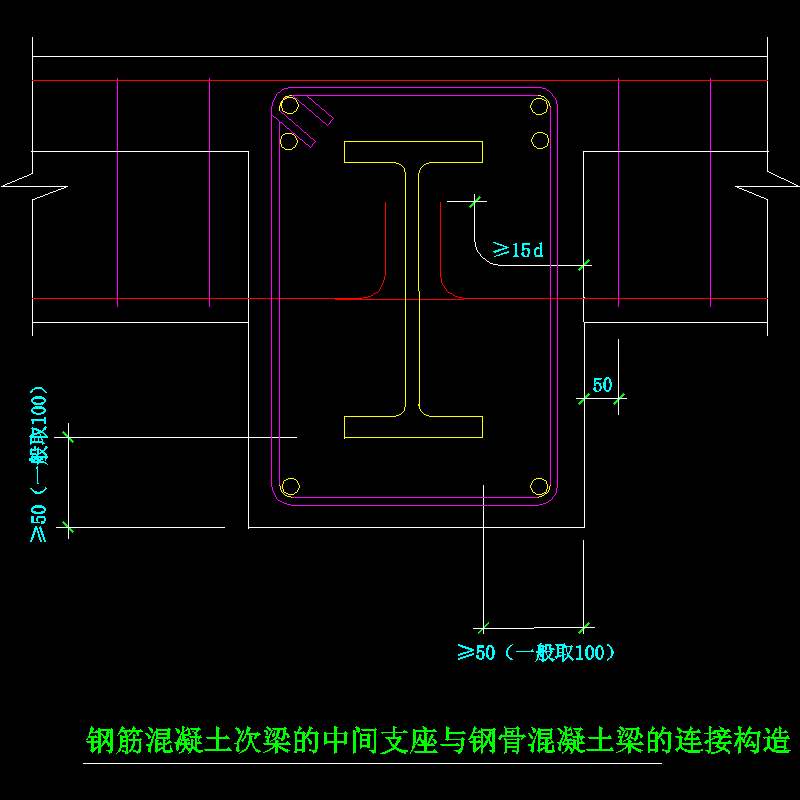 钢筋混凝土次梁的中间支座与钢骨混凝土梁的连接节点构造CAD详图纸 - 1