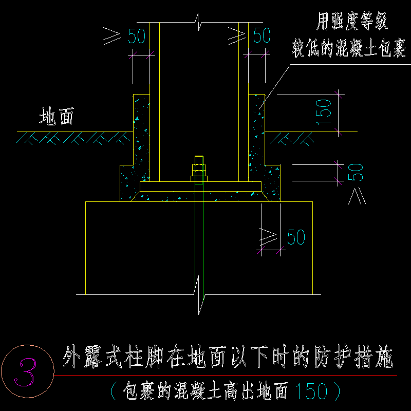 外露式柱脚在地面以下时的防护措施节点构造CAD详图纸 - 1