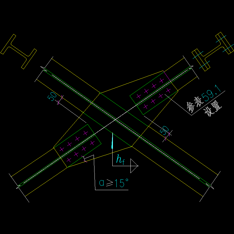 支撑斜杆为H型钢与双节点板的连接节点构造CAD详图纸 - 1