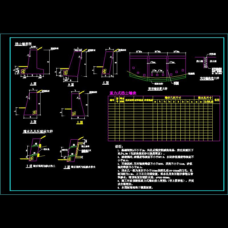 道路边坡支护重力式砌体挡土墙大样CAD图纸及墙表 - 1