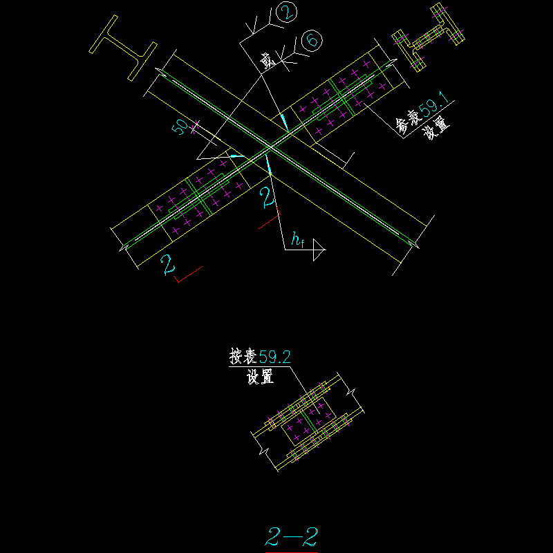 支撑斜杆为H型钢与相同截面伸臂杆的连接节点构造CAD详图纸 - 1