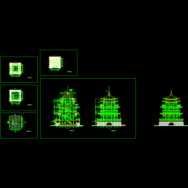 4层仿古塔建筑设计方案设计图纸,平面、立面、剖面图 - 1