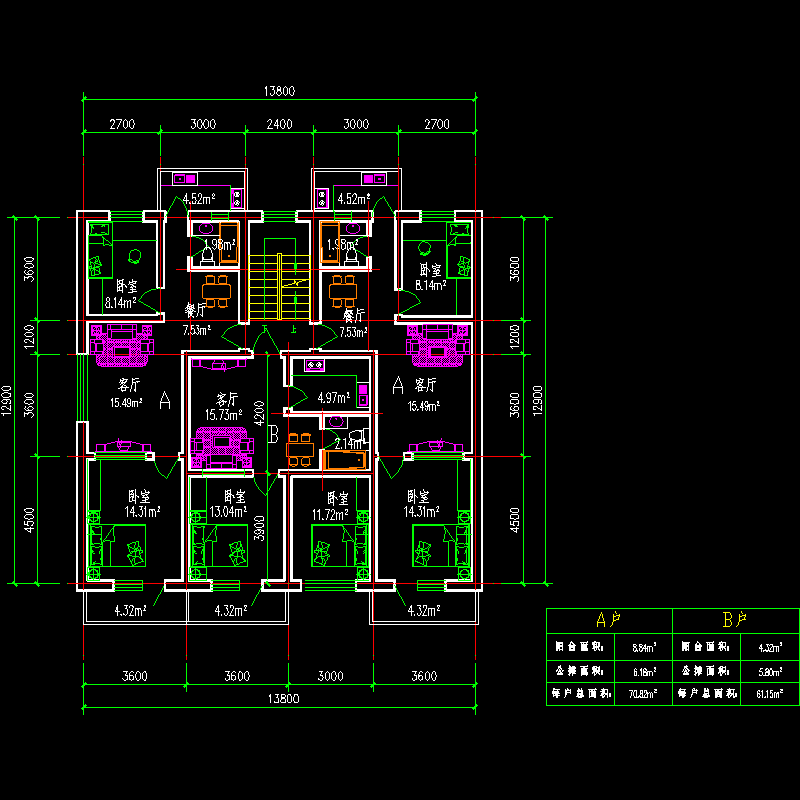 板式多层一梯三户户型图纸.dwg - 1