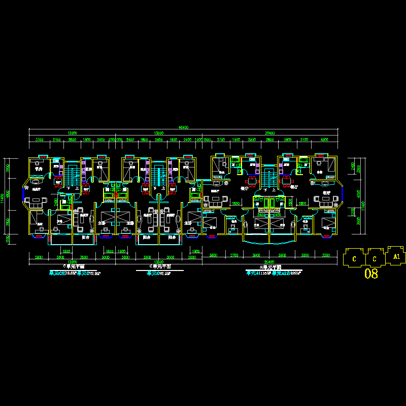 板式多层一梯二户六户户型组合平面图纸.dwg - 1