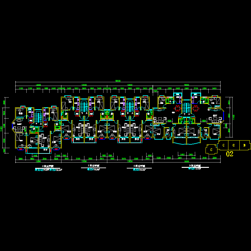 板式多层一梯二户八户户型组合平面图纸.dwg - 1