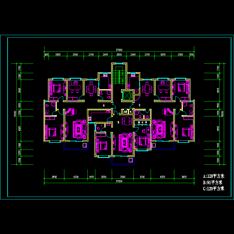 塔式高层一梯三户户型图纸.dwg - 1