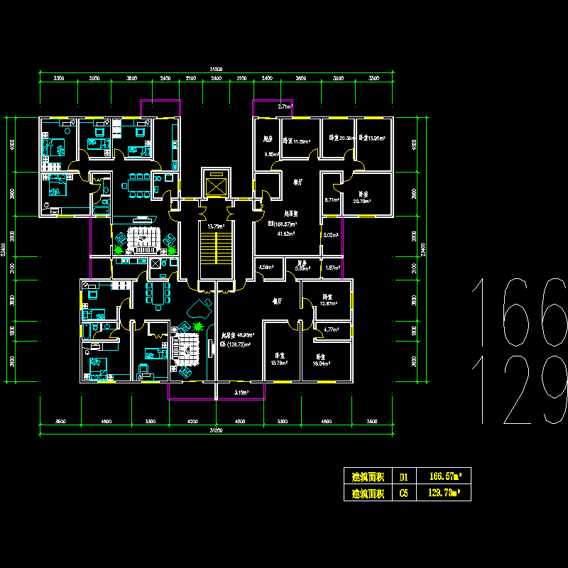 塔式高层一梯四户型图纸（166/129）.dwg - 1