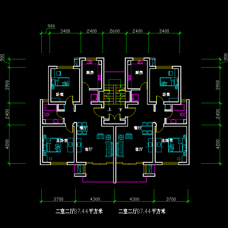 板式多层一梯二户二室二厅一卫户型图纸.dwg - 1