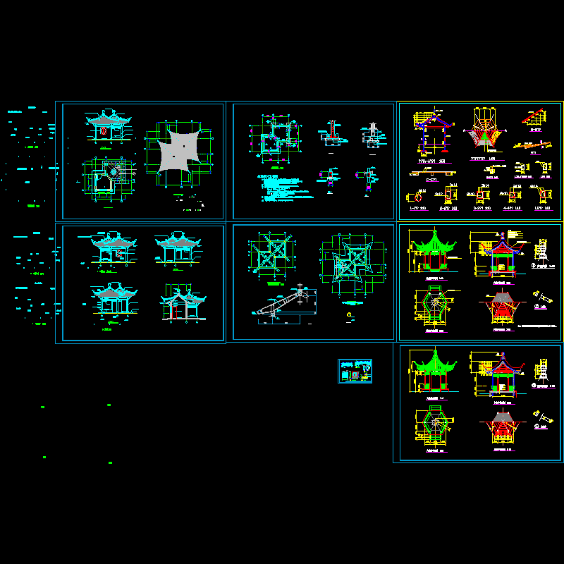 公园中式古建六角亭及双亭建筑CAD详图纸 - 1