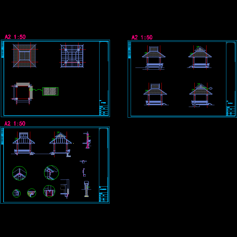 详细的四角木亭子CAD施工图纸 - 1