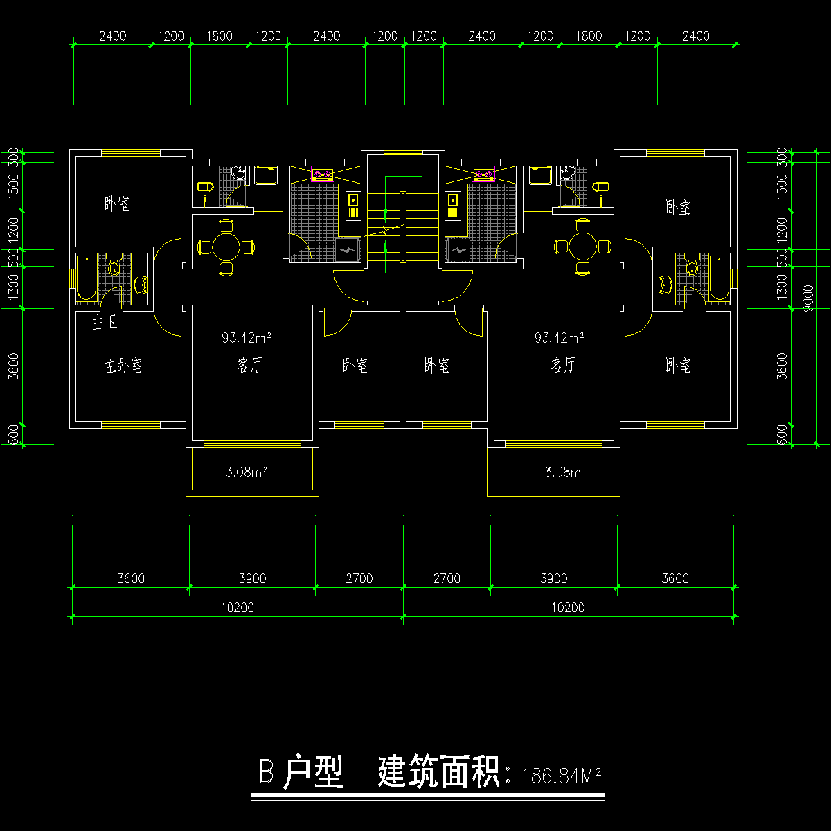 板式多层一梯二户户型CAD图纸 - 1