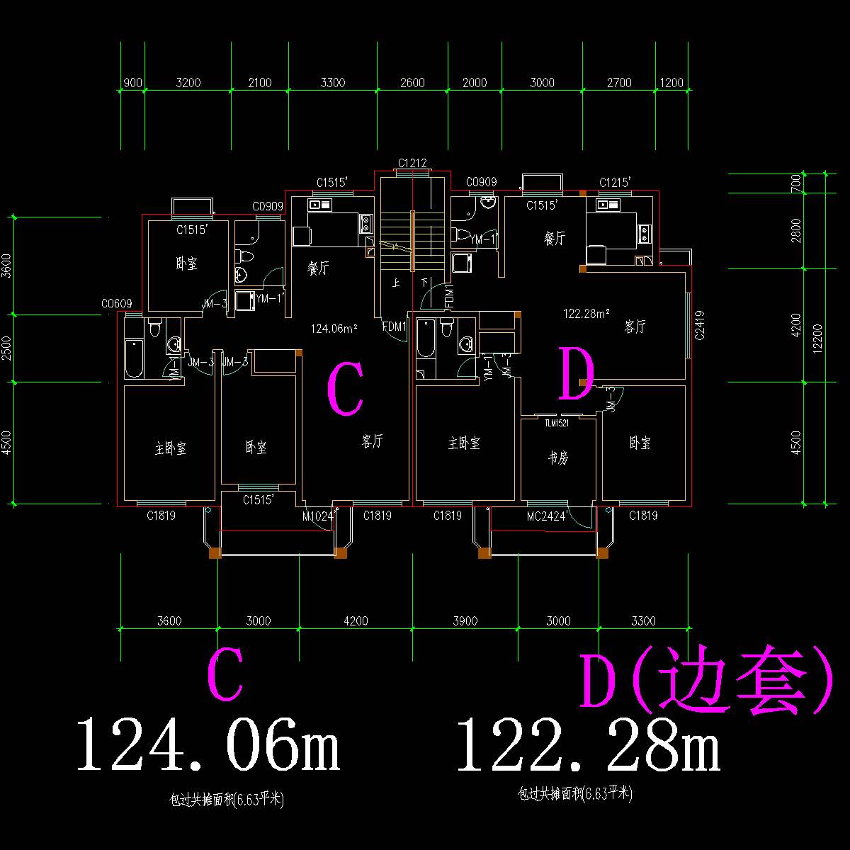 板式多层一梯二户户型CAD图纸 - 1