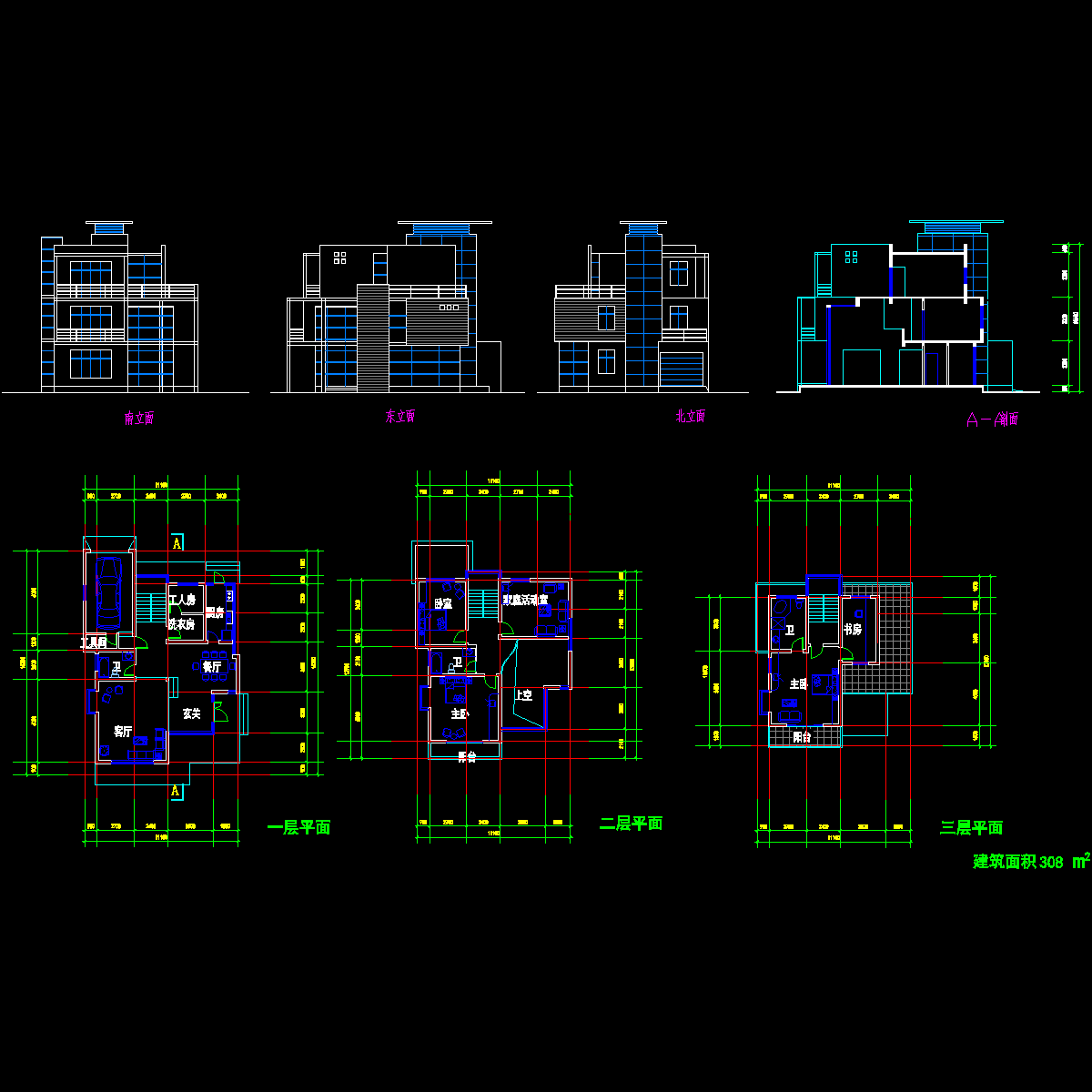 3层联排别墅户型CAD图纸 - 1