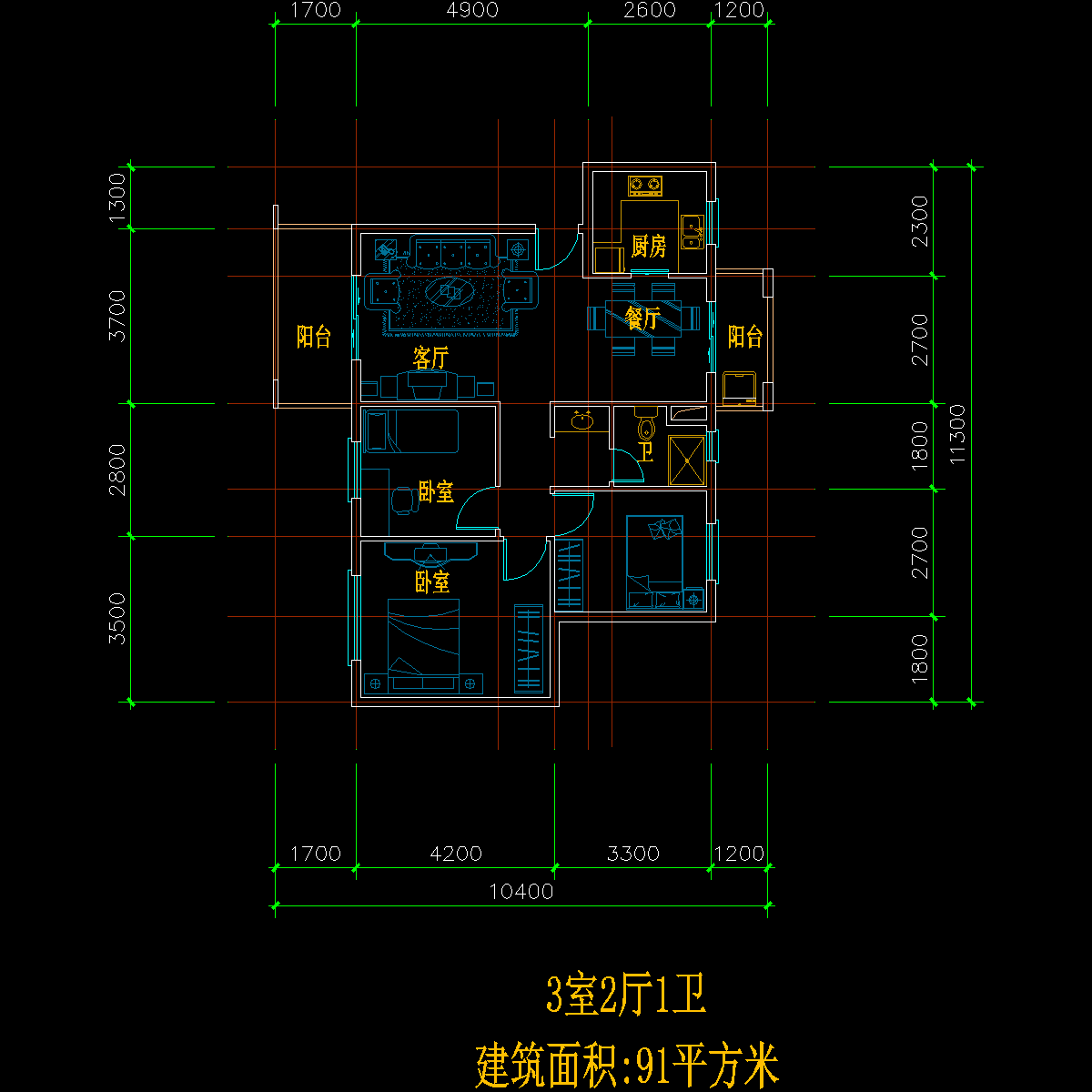 板式多层单户二室二厅一卫户型图纸 - 1