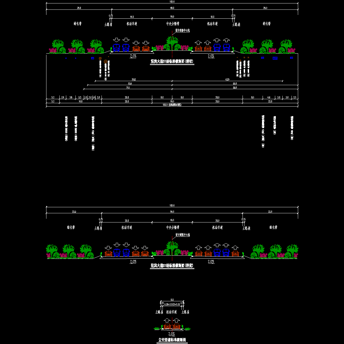 红线宽100米双向十车道道路标准横断面CAD图纸 - 1