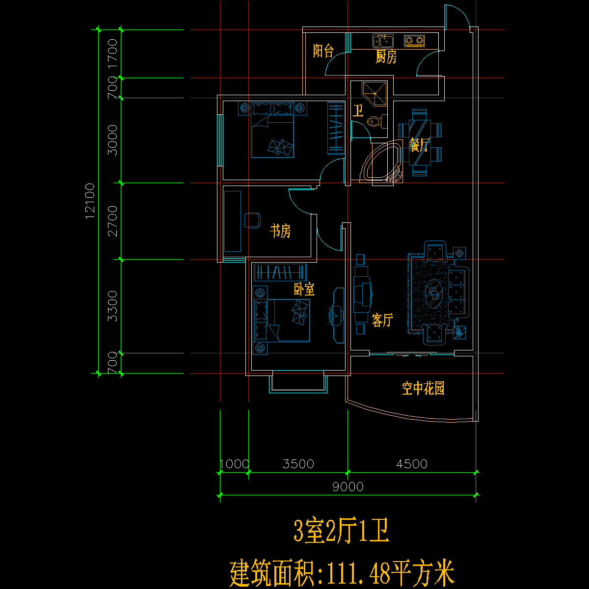 板式多层单户三室二厅一卫户型CAD图纸 - 1